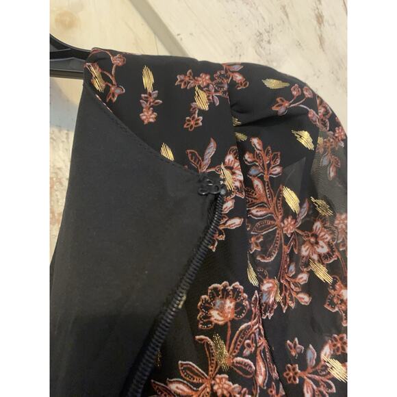 Aqua Floral Metallic Gold Print V-Neck Cocktail Party Mini Dress Long Sleeves XS - Picture 12 of 16